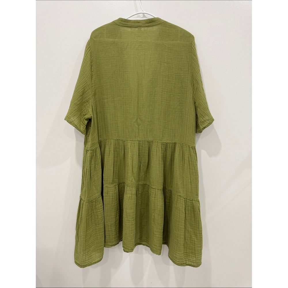 Anthropologie 2X Olive Green Cotton Gauze Tiered Midi Dress V Neck - Picture 3 of 9